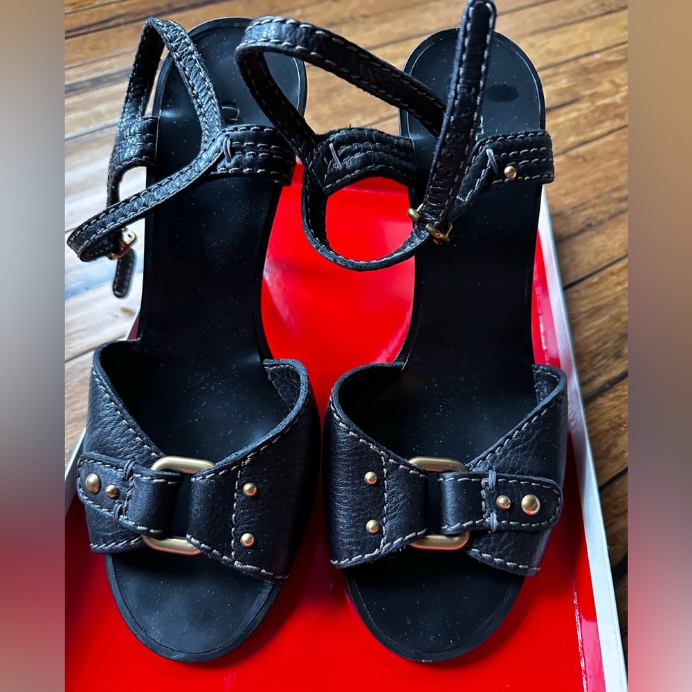 Chloe Black Leather Sandals with Gold Accents